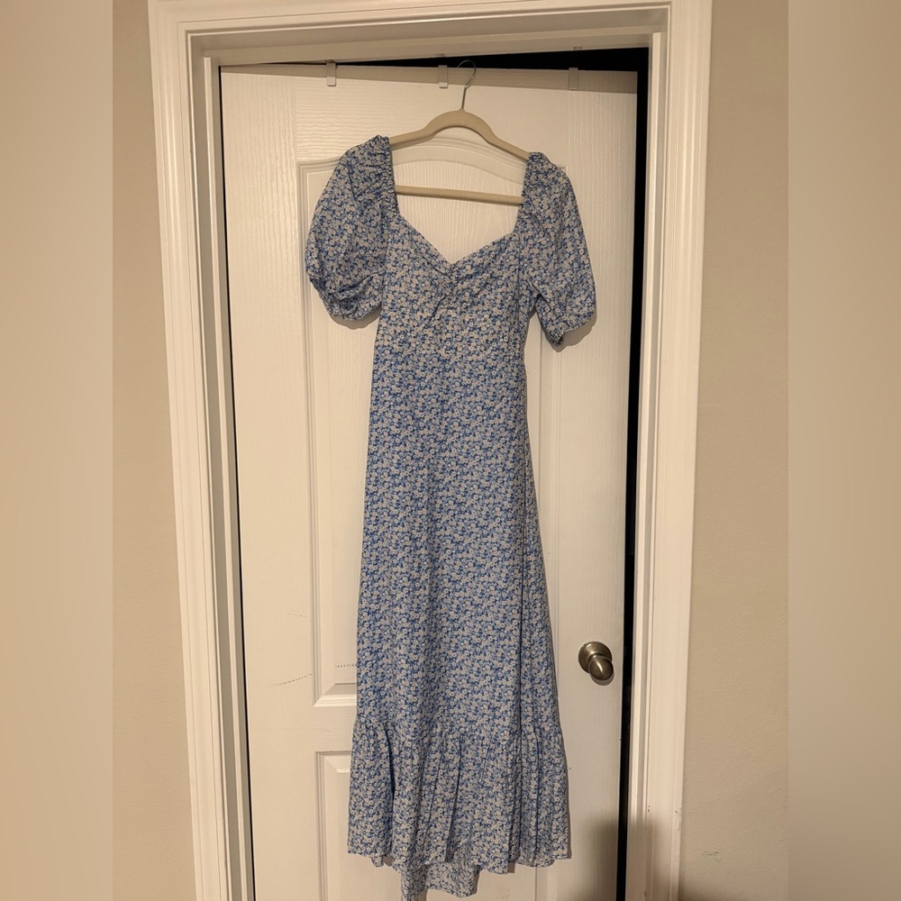 Blu Pepper Light Blue Floral Puff-Sleeve Maxi Dress